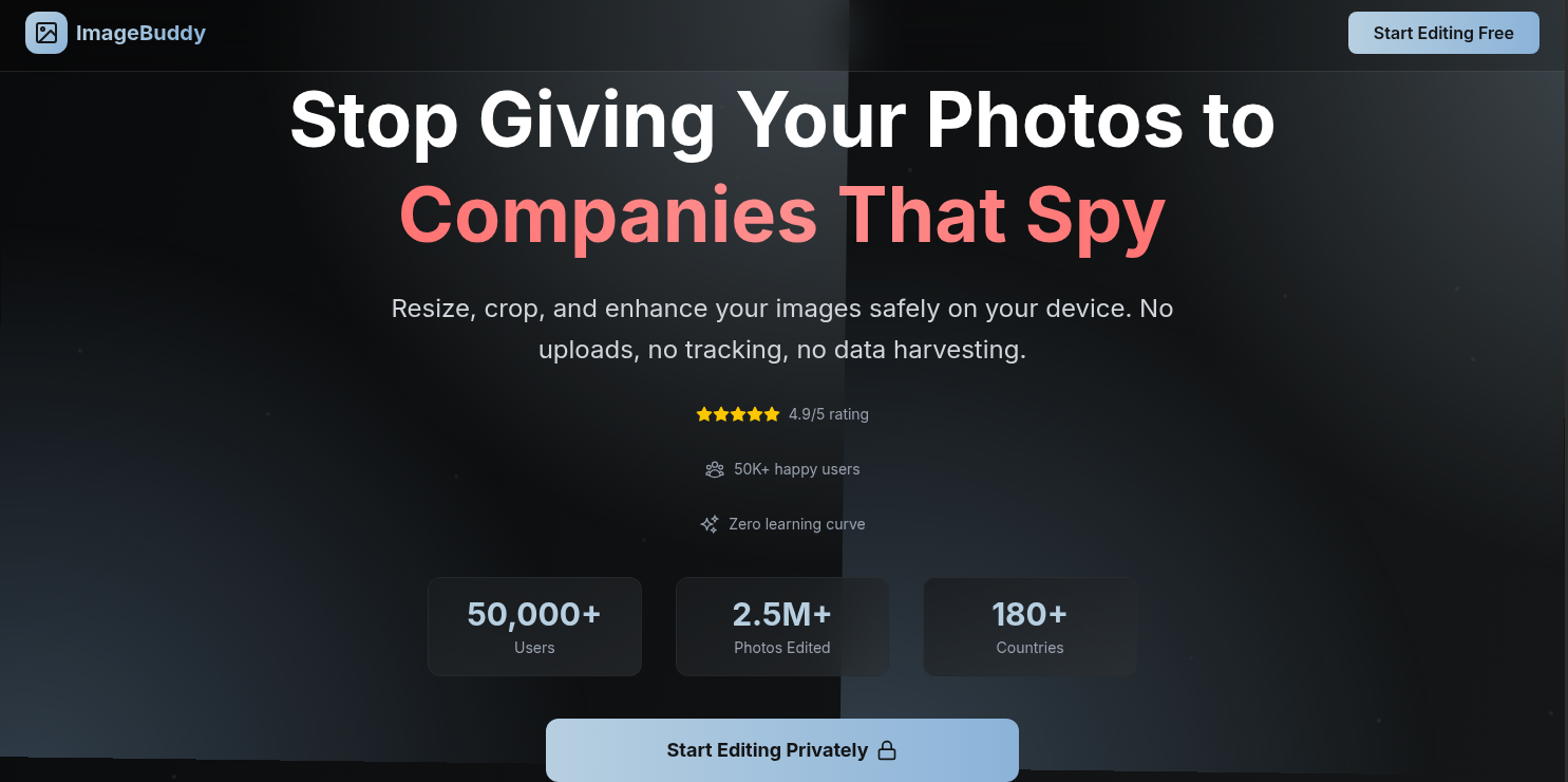 Privacy-focused Image Processing Platform - ImageBuddy project screenshot showing Client-side platform for compression, resizing, and more—no server data harvesting.